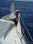 Sail change. The roller furling is great until its time for a head sail change because we have to unroll it first, which in heavy weather could present some problems. But it does allow us to open and close the sail without going forward. 