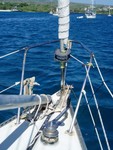 The bow. Spinnaker pole, roller furling to open up head sail from the cockpit, and newly installed manual windlass that will take the load off our backs when we are hauling anchor. Anchorages are deep in south pacific, so we have a 30 pound anchor attached to 120' of chain and 150' of line (rhode).