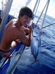 Skipjack tuna. One of the many fishies that ended up in our pot. After John manhandled 'em, Heather cooked it up in her pot. Tuna melts, tuna soup, tuna sushi, tuna omelettes, tuna shishkebabs...... 