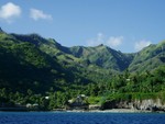 The anchorage on Oa Pou. It had a beauitful stone church.